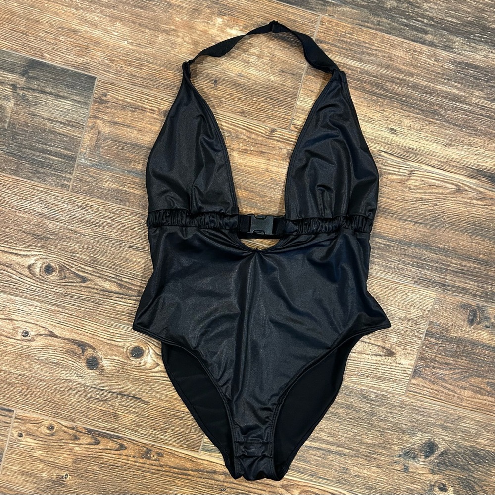 Out From Under Black Halter Bodysuit – Cutout Buckle Front